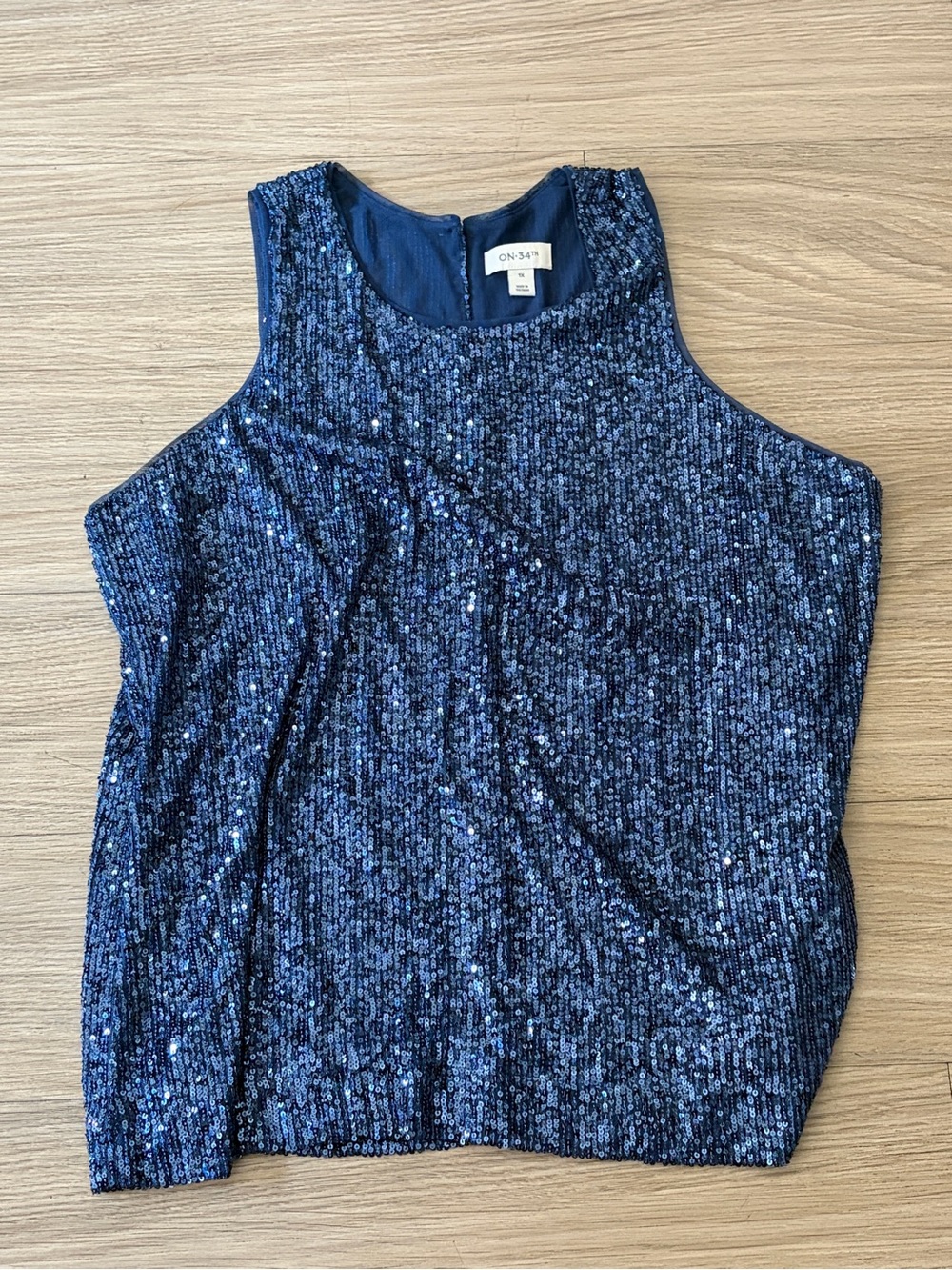 On 34th Navy Sequin Sleeveless Evening Blouse